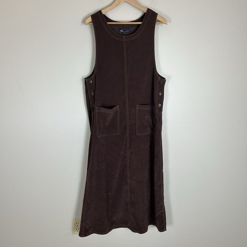 Vintage Suede Jumper Dress Overall Maxi Cottage Modest Prairie Pockets M Brown